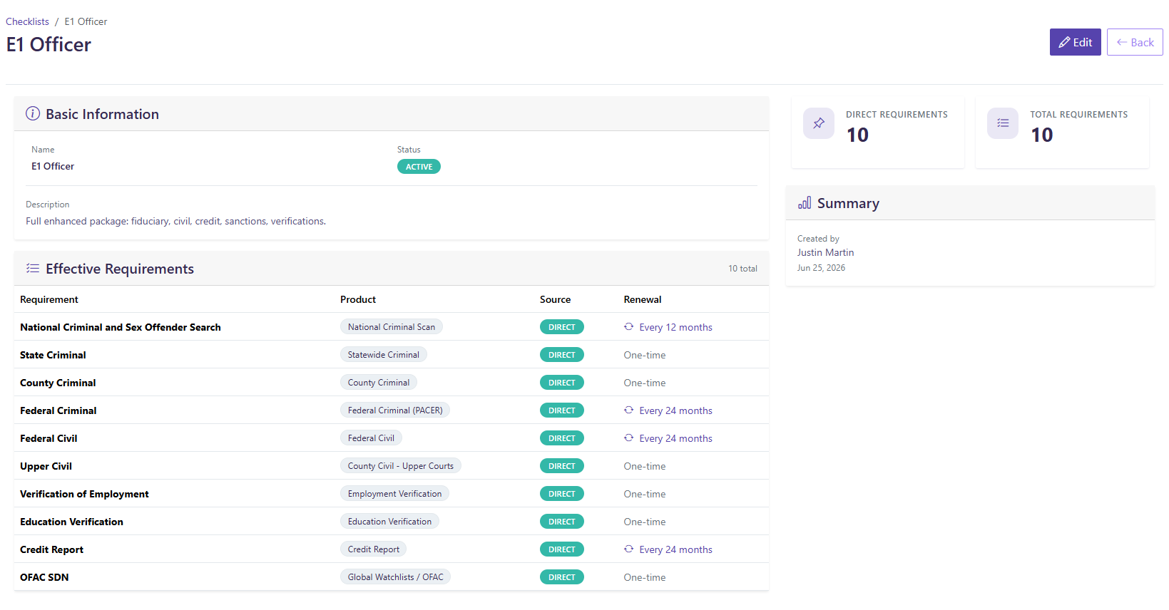 PSBI checklist setup screen